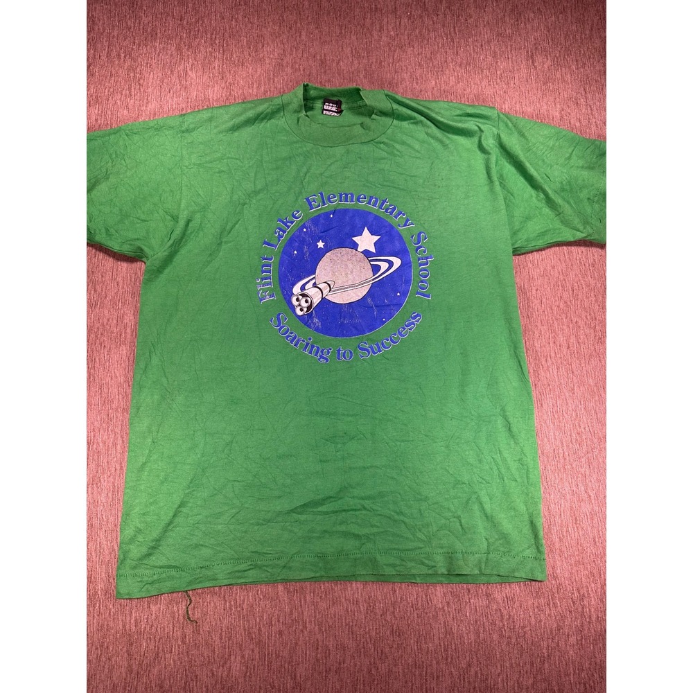 Vintage Flint Lake Elementary School Space T-Shirt Green Single Stitch USA Large